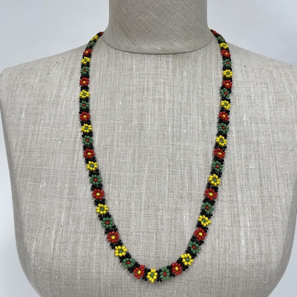 Yellow‎ Black Green Red Beads Beaded Flowers Floral Necklace